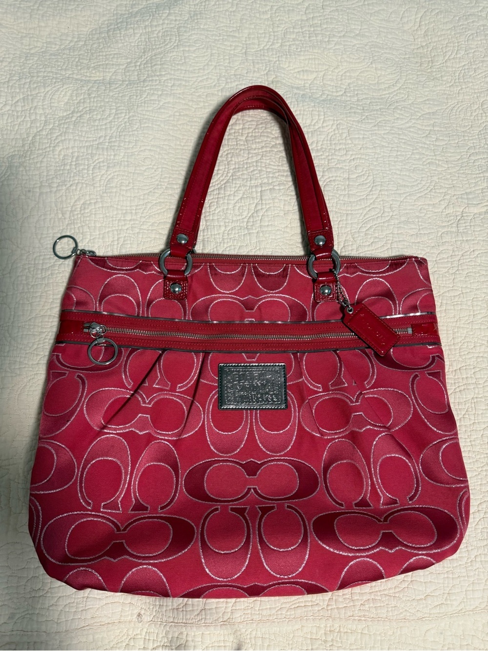 Coach Poppy Red Signature Shoulder Tote with silver tone Hardware!